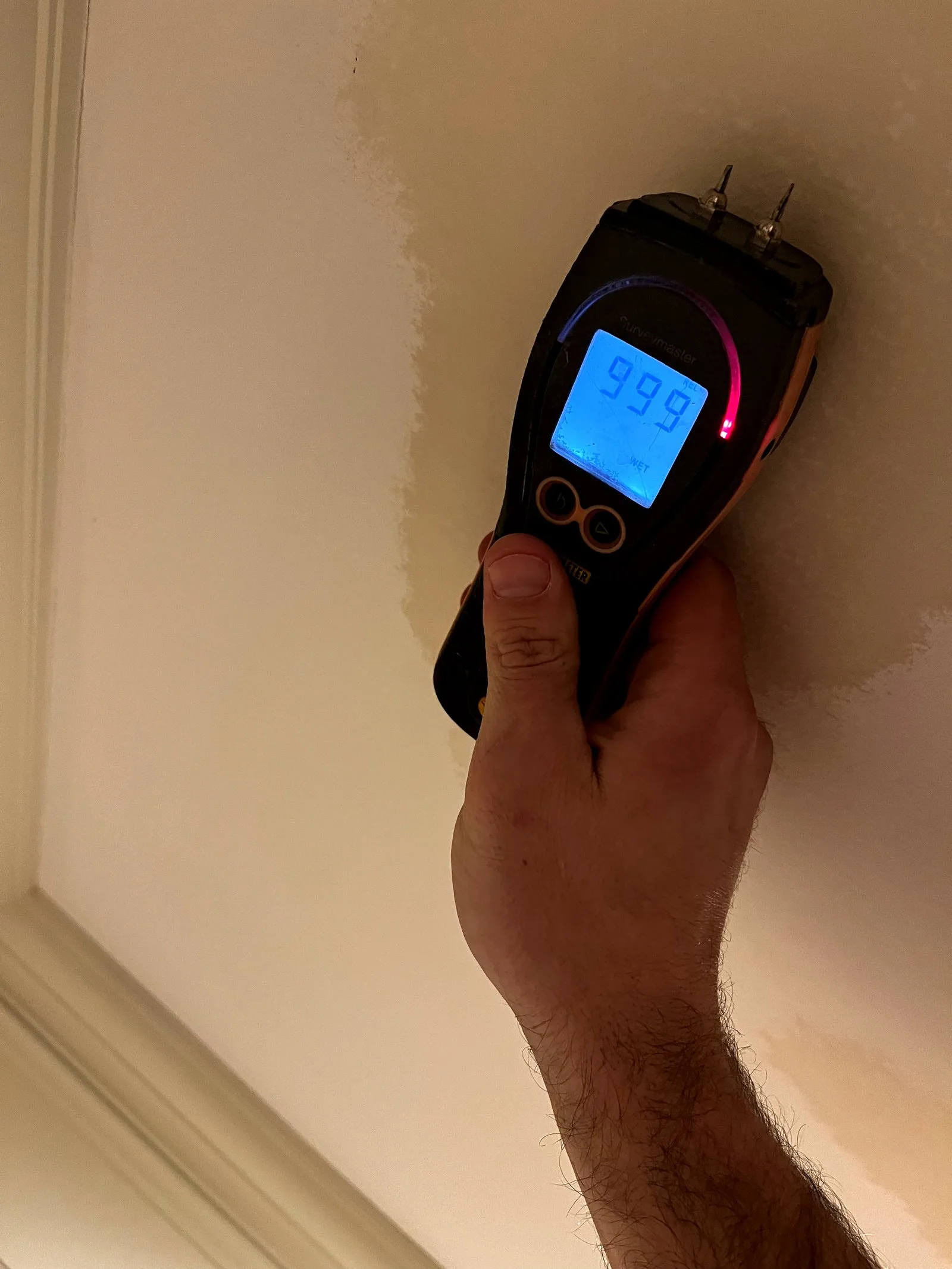 Moisture meter at 999 documenting critical water saturation — Grand Rapids MI